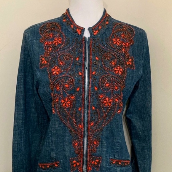 Chico’s sz 0 red beaded denim blazer jacket - Picture 3 of 8